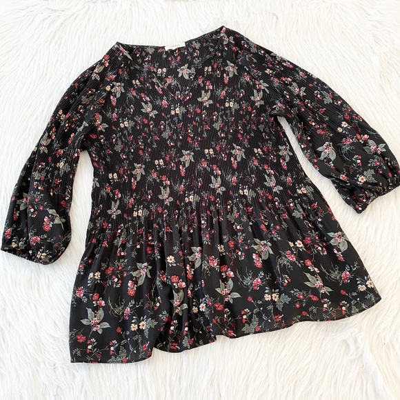 Pleione Tops - Pleione Black Red Floral Long Sleeve Blouse